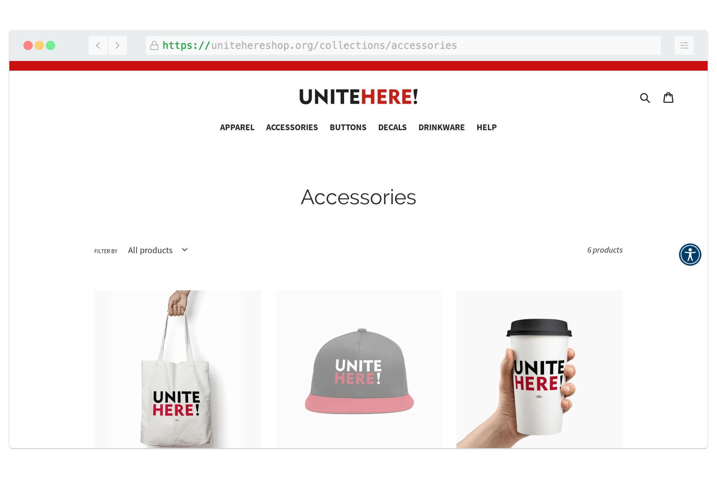 Print on demand web store showing custom merch from Unite Here's online store 